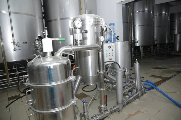 Shiny Tanks Barrels Beer Wine Factory Industry Brewing Winemaking Equipment — Stock Photo, Image