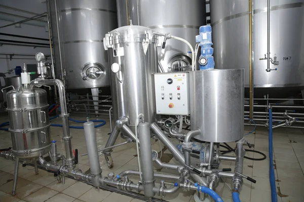 Shiny Tanks Barrels Beer Wine Factory Industry Brewing Winemaking Equipment — Stock Photo, Image