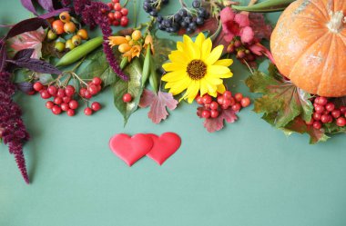 Kırmızı kalpli sonbahar kompozisyonu. Akçaağaç yaprakları, balkabağı ve kürekçi, yeşil arka planda çilek. Sonbahar, sonbahar, cadılar bayramı, şükran günü konsepti. Düz döşeme, üst görünüm, metin için kopya alanı. Natürmort. Desen, kartpostal.