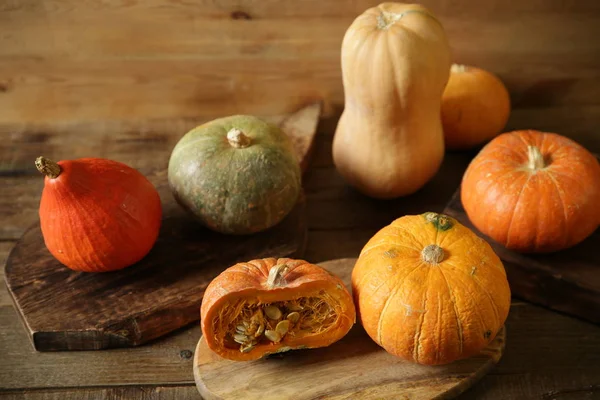 Orange Pumpkin Gourds Slice Pumpkin Seeds Wooden Rustic Table Thanksgiving — Stock Photo, Image