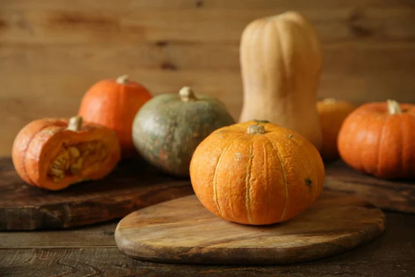 Orange Pumpkin Gourds Slice Pumpkin Seeds Wooden Rustic Table Thanksgiving — Stock Photo, Image