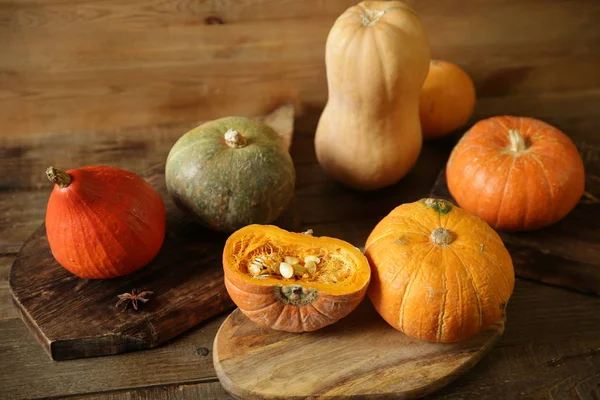 Orange Pumpkin Gourds Slice Pumpkin Seeds Wooden Rustic Table Thanksgiving — Stock Photo, Image