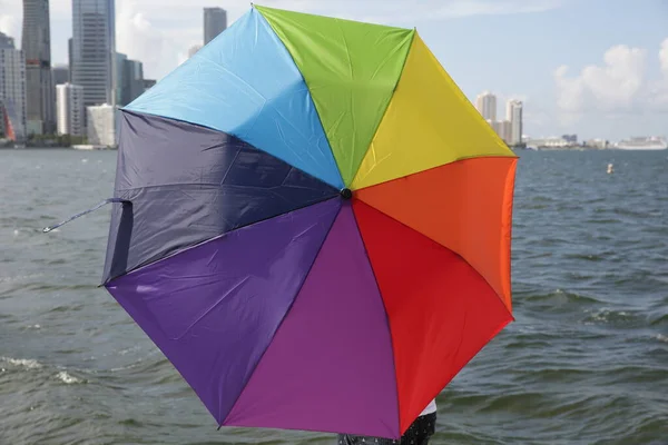 trendy colorful umbrella made of rainbow colors on the background of city skyscrapers and water of the river or sea. LGBT pride concept