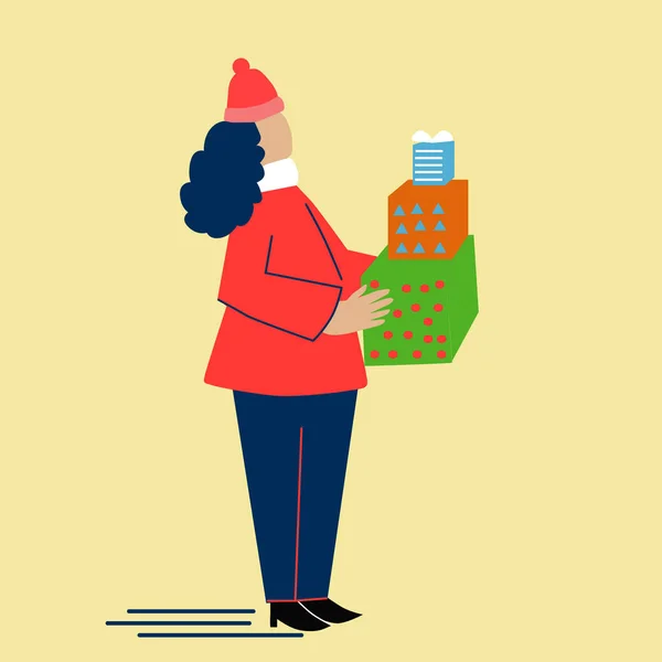 Uma rapariga encaracolada de chapéu e casaco tem caixas de presente nas mãos. Projeto plano . — Vetor de Stock