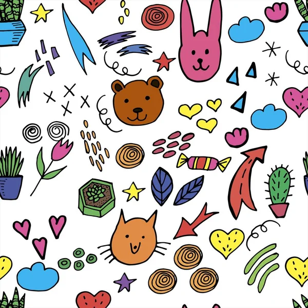 Bakgrund doodles barnens mångfärgade. Barnens bakgrund för utformningen av textilier, tapeter, förpackningar. — Stock vektor