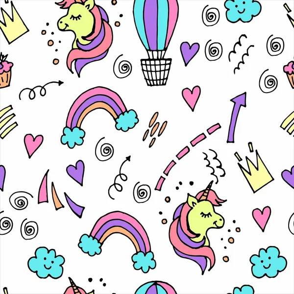 Seamless Pattern Children Dudling Girls Unicorns Clouds Rainbows Hearts Children — Stock Vector
