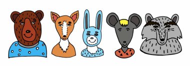 Set of forest animals in cartoon style. Cute raccoon, mouse, bear, fox, hare.