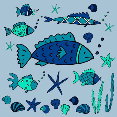 İle balıkçı, elle çizilmiş illüstrasyon vektör seamless modeli. Kumaş, bebek giysileri, arka plan, tekstil, kağıt ve diğer dekorasyon sarma için balık karikatür. Doodles'ın moda stil.