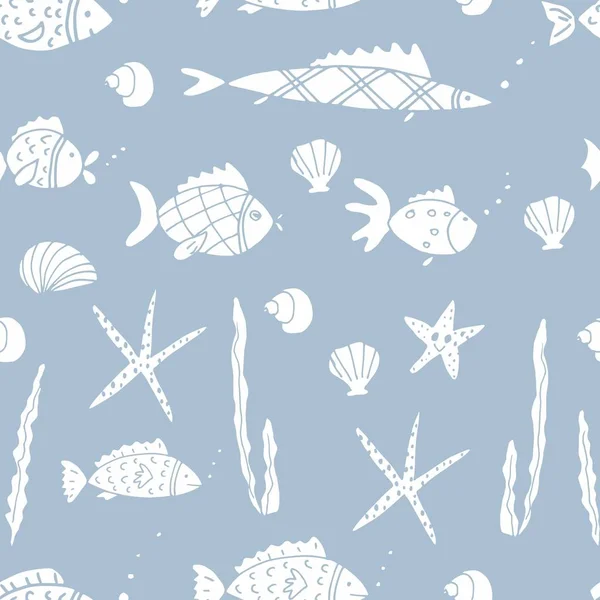 Vector sömlösa mönster med fiskar, handritad illustration. Tecknade fisk för tyg, babykläder, bakgrund, textil, inslagning papper och andra dekoration. Doodles trendiga stil. — Stock vektor