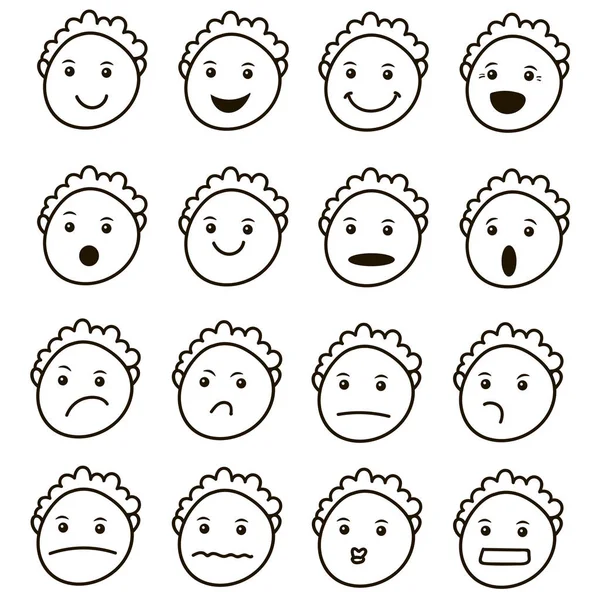 Set of cool vector faces, different emotions. Linear style cute emoticon smileys set. Funny baby faceSet of cool vector faces, different emotions. Linear style cute smiley emoticons set. Guy character — Stock Vector