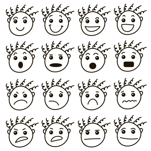 Set of cool vector faces, different emotions. Linear style cute emoticon smileys set. Funny baby faceSet of cool vector faces, different emotions. Linear style cute smiley emoticons set. Guy character — Stock Vector