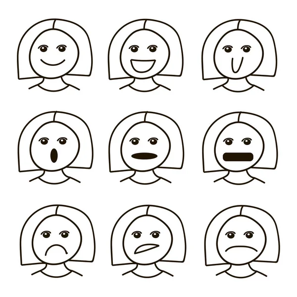 Set of cool vector faces, different emotions. Linear style cute smiley emoticons set. Girl character — Stock Vector