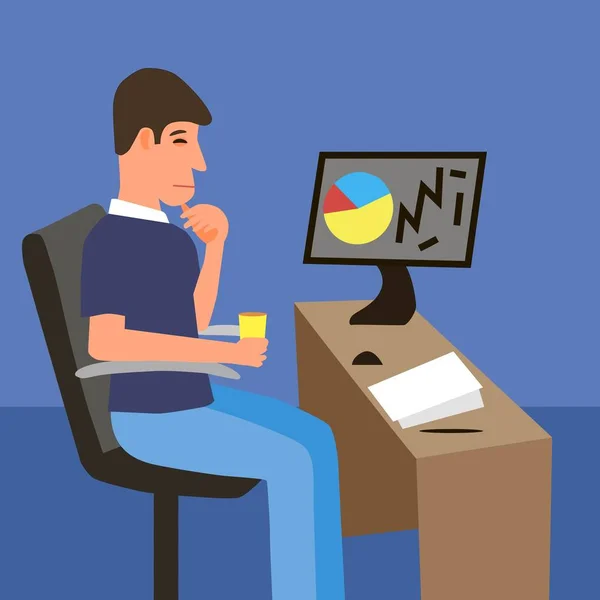 Empresário empresário em um terno trabalhando em um computador portátil em sua mesa de escritório limpa e elegante. Estilo plano cor moderna ilustração vetorial. — Vetor de Stock