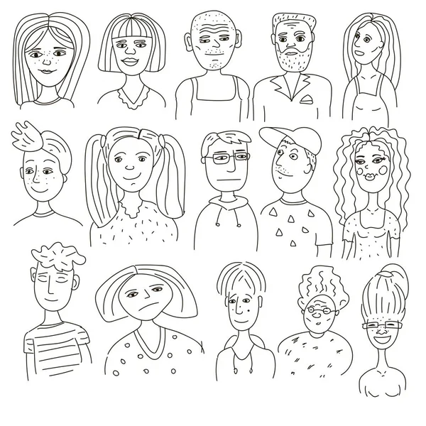 Una multitud diversa de personas. Personajes del mismo sexo y edad. ilustración dibujada a mano . — Vector de stock