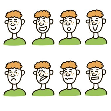 Serin vektör yüzler, farklı duygular ayarlayın. Doğrusal stil sevimli serin yüz vektör, farklı duygular. Kızıl saçlı adam