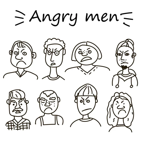 Faces of young people, angry facial expression, cartoon linear style, sketch, isolated on white background. Handsome boy frowning, sad, upset, sullen, upset. Angry face expression — Stock Vector