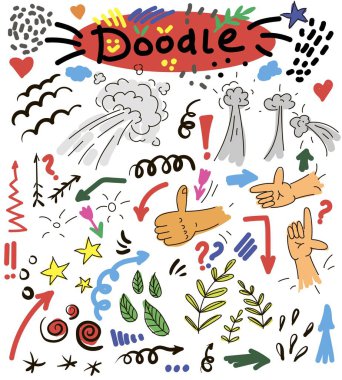 Elle çizilmiş topluluğu ve sürekli konuşma balonları aşk mesajı, tebrik ve satış reklam ile. Doodle tarzı çizgi roman balon, bulut, kalp şeklinde tasarım öğeleri. İzole vektör.