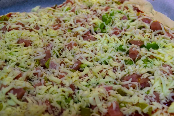 arka plan dolmalık biber, jalapeno ve Türkiye ile ham ev yapımı pizza