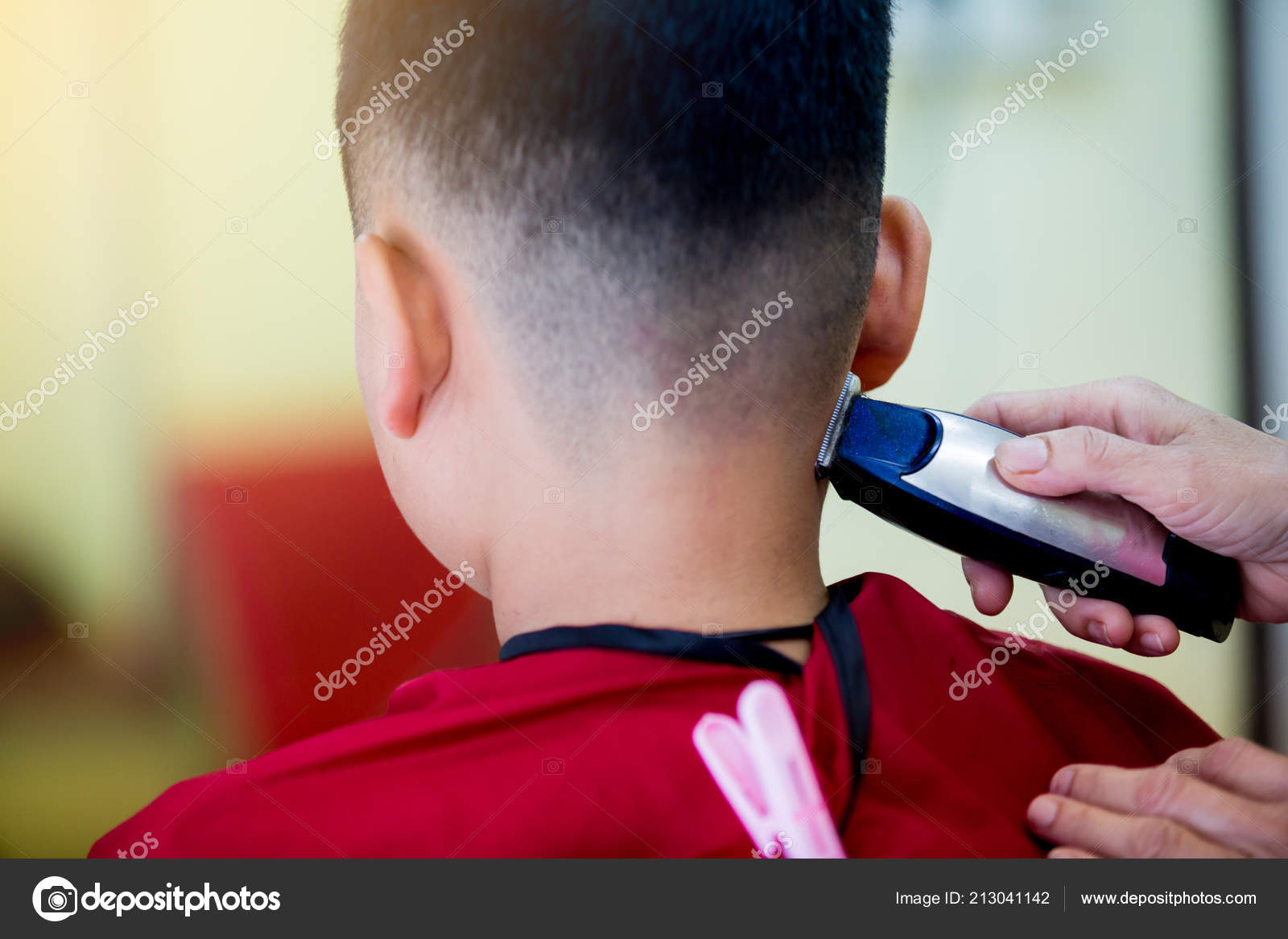 Asian Boys Haircut Barber Shop Hairdresser Makes Hairstyle Asian