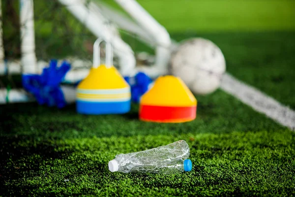 Plastic Bottles Blurry Soccer Training Equipment Artificial Turf Waste Soccer — Stock Photo, Image