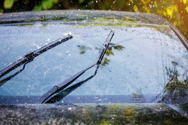 Αυτοκίνητο Παρμπρίζ Σταγόνες Βροχής Και Frameless Ψήκτρα Λεπίδα Closeup — Φωτογραφία Αρχείου