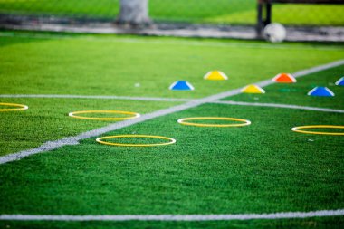Koni ve yüzük merdiven marker yeşil yapay çim futbol eğitim malzemeler vardır. Futbol Akademisi mezunlarını bilinçlendirilmesini için malzeme.