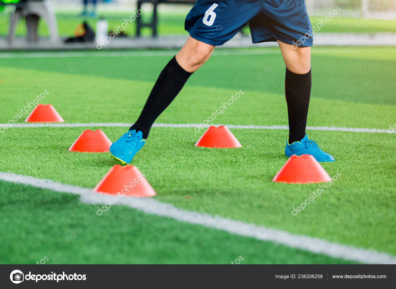 Soccer Player Jogging Jump Cone Markers Green Artificial Turf