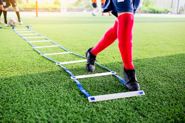 Young Boy Soccer Players Jogging Jump Ladder Drills Football Training — Stock Photo, Image