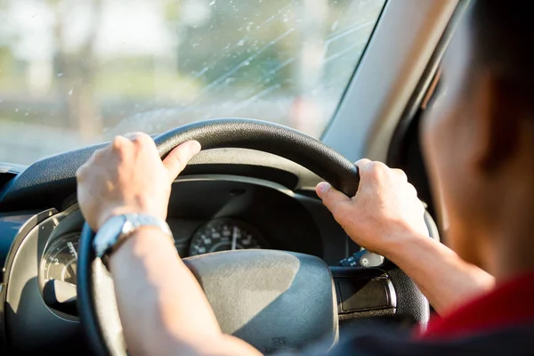 Homme Conduite Rapide Une Voiture Sur Chemin Matin Avec Une — Photo