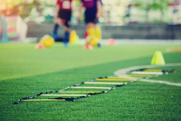 Selective focus to ladder drills on green artificial turf with b — Stock Photo, Image