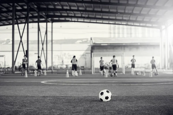 人工芝のサッカーボールの黒と白の写真 — ストック写真