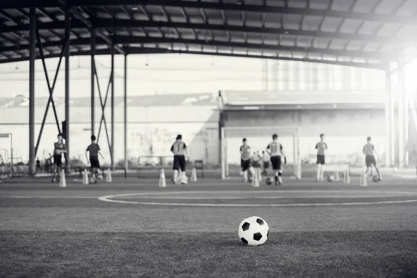 Black and white picture of Soccer ball on artificial turf