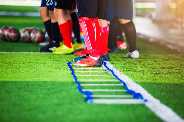 Futbolcu takımına seçici odak antrenmanlara devam ediyor. Merdiven matkaplar futbol takımı için egzersizleri. Genç oyuncu merdiven matkaplar üzerinde egzersizleri. Futbol akademisi.