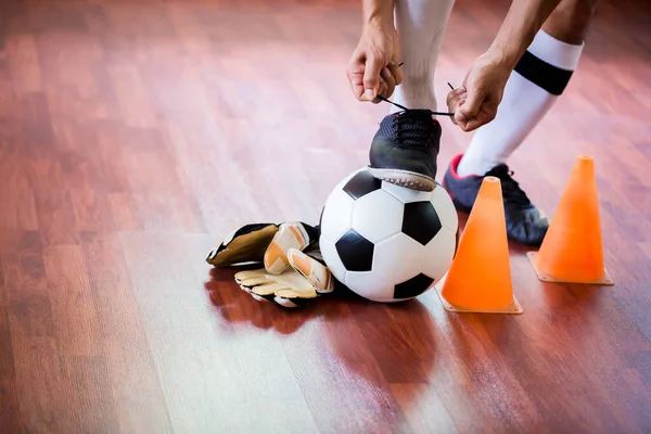 Soccer Ball Futsal Player Sitting Tying Sport Shoelaces Stadium Hall — Stock Photo, Image