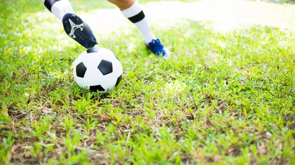 Fußballer Steuern Ball Auf Grünem Gras Zum Tor Schießen Fußballspieler — Stockfoto