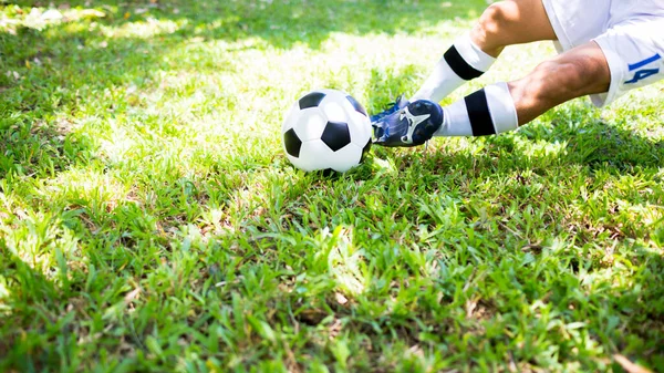 Soccer player control to shoot ball on green grass to goal. Soccer player training for match. Football player in football academy.