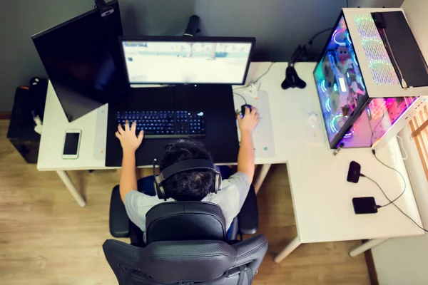 Top View Selective Focus Black Armchair Blurry Asian Boy Gamer — Stock Photo, Image