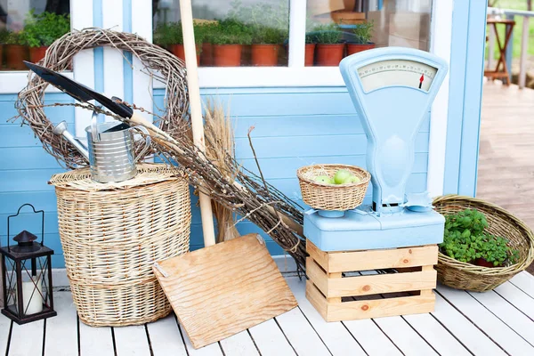 Wicker Baskets Next Garden Equipment Wall Blue Country House Summer — 스톡 사진