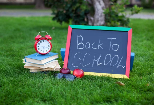 School books with red alarm clock on blackboard background lie on green grass near school. Concept of education and reading. Alarm clock and stack old books with chalkboard in park. copy space. mockup
