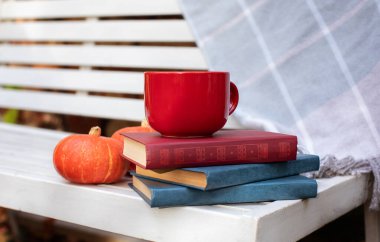 Sonbaharda beyaz bir bankta çay, kitap, kareli ekose ve balkabağı olur. Sonbahar parkında bir bank, bir fincan sıcak kahve, bir kitap ve sıcak bir eşarp. Sonbahar havası, rahatlık ve okuma. 