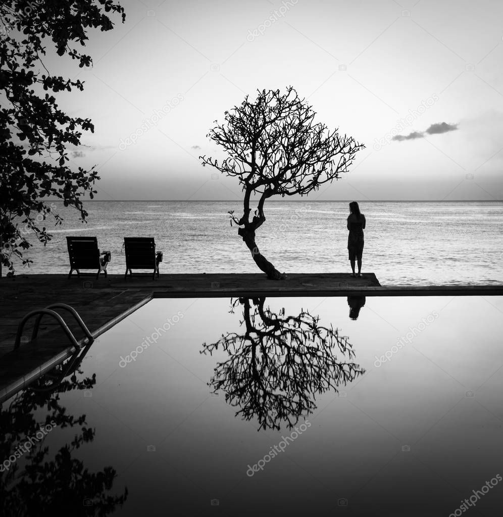 Swiming pool, deck chairs, tree and sea view - Bali, Indonesia - BW