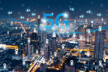 Concept of high speed data connection with 5g communication network throughout the capital. Elements of this image furnished by NASA. clipart