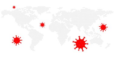 Koronavirüsün yayıldığı bir dünya haritası. Beyaz arkaplanda düz resim
