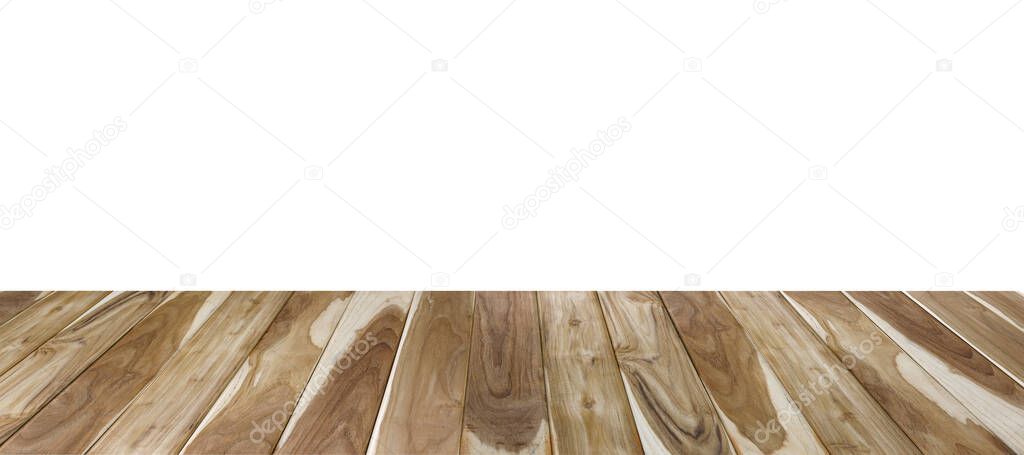 Empty wooden table on white background for text ,Template mock up for display of product.