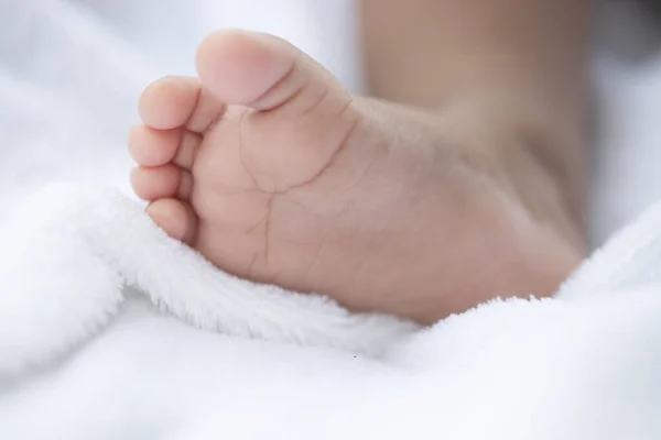 Yeni Doğan Bebeğin Ayağını Beyaz Havluyla Kapat — Stok fotoğraf