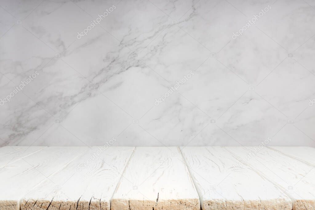 White wooden table top background, Empty counter surface, White wooden table for retail shop, mock up, template banner.