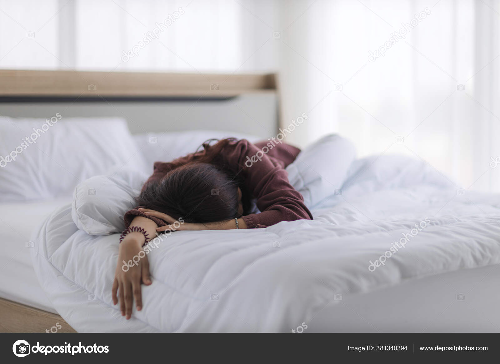 Asian Woman Sleeping Hangover Party Asleep Exhaustion Her Bed Bedroom