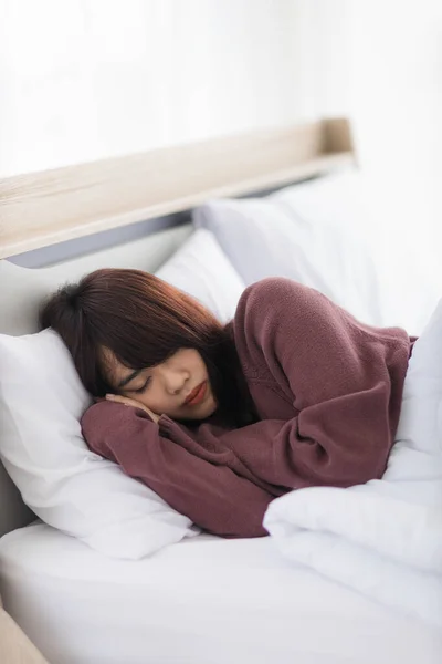 Asian Young Woman Sick Sleep Bedroom Girl Hangover Party Last — Stock Photo, Image