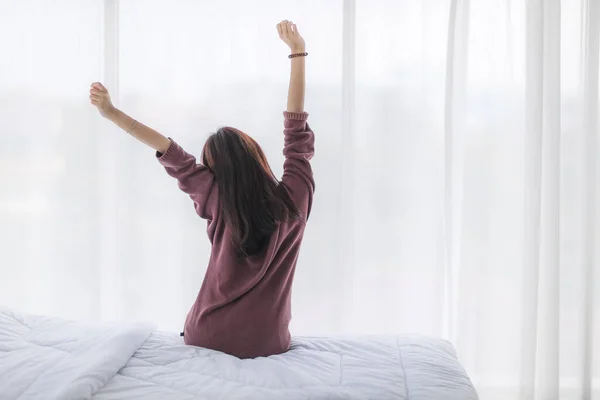 Asian Woman Who Woke Morning Break Freshness She Sat Bed — Stock Photo, Image