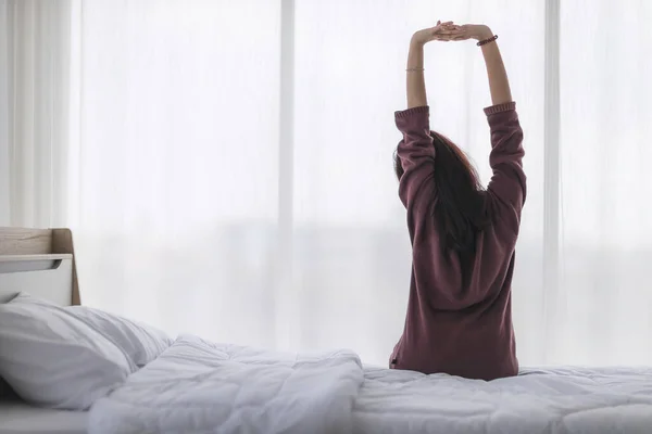 Asian Woman Who Woke Morning Break Freshness She Sat Bed — Stock Photo, Image